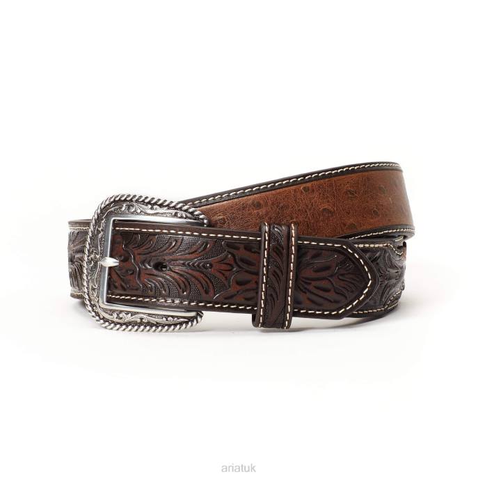 Ariat 1.5" Ostrich Tooled Belt Men D0X61848 Brown Accessories
