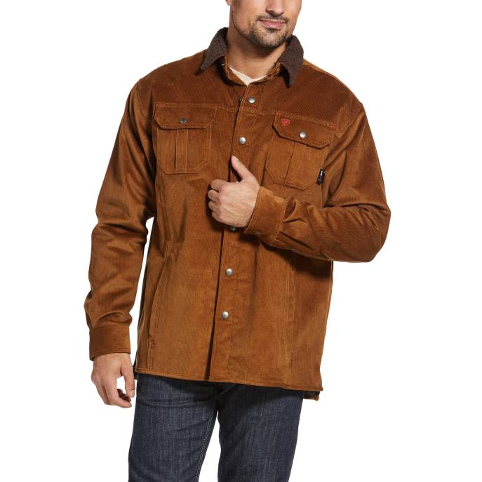 Ariat FR DuraStretch Sherpa-lined Corduroy Shirt Jacket Men D0X61614 Camel Tops