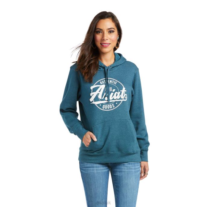 Ariat REAL Arm Logo Hoodie Women D0X63443 Teal Tops