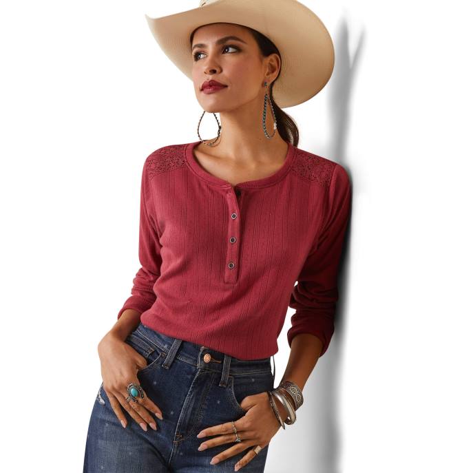 Ariat Pointelle Henley Top Women D0X62802 Earth Red Tops