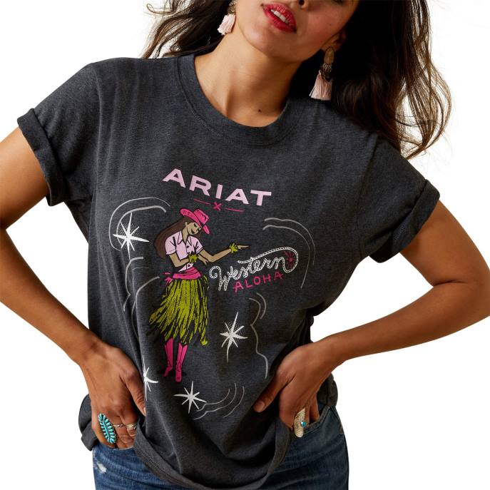 Ariat Hula Girl Western Aloha T-Shirt Women D0X63247 Shale Heather Tops